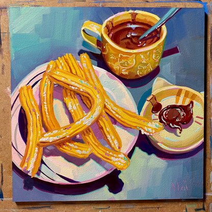 Chocolate con Churros - Original Oil Painting - Spanish Dessert Art - 8 inches