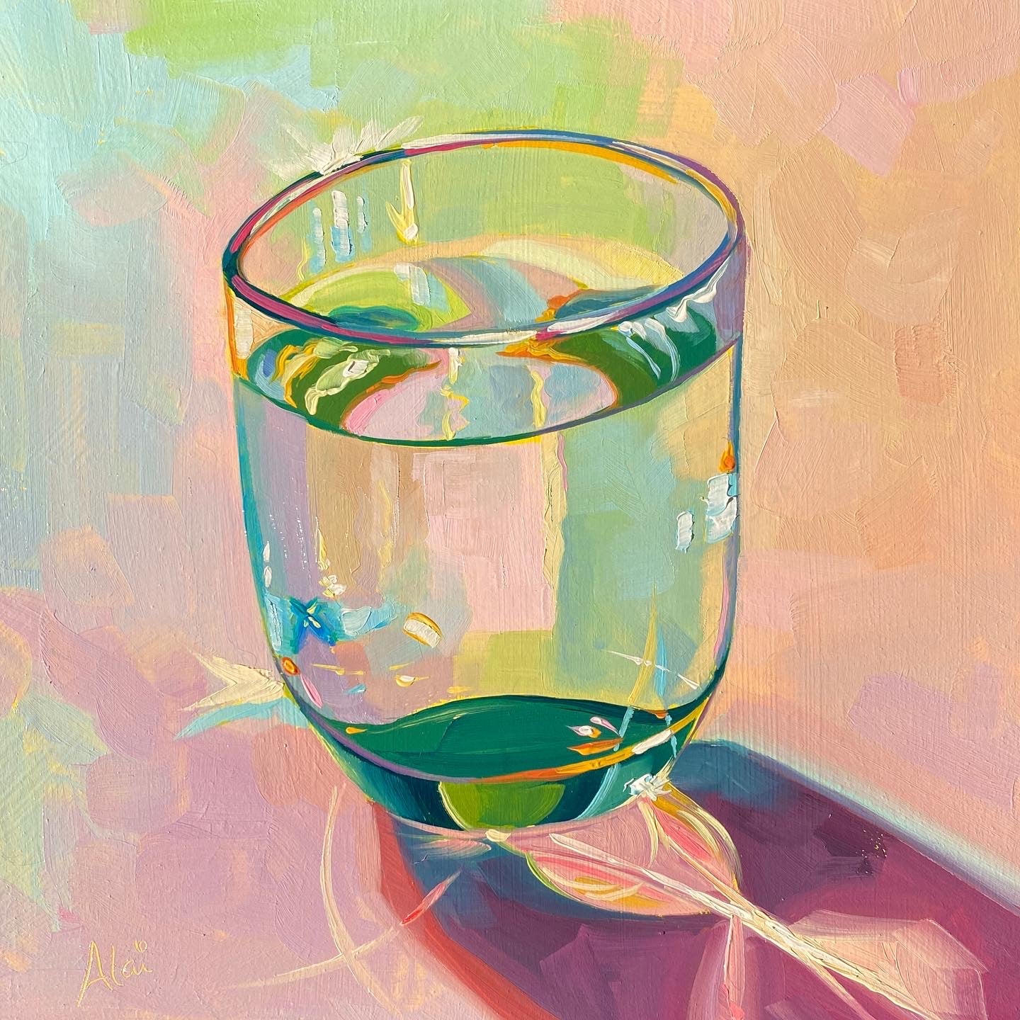 Original oil painting by Alai Ganuza titled "Glass of water V". A clear glass of water rendered in thick impasto with vibrant green and blue reflections, casting a deep magenta shadow with bright light caustics on a soft pink and lavender background.