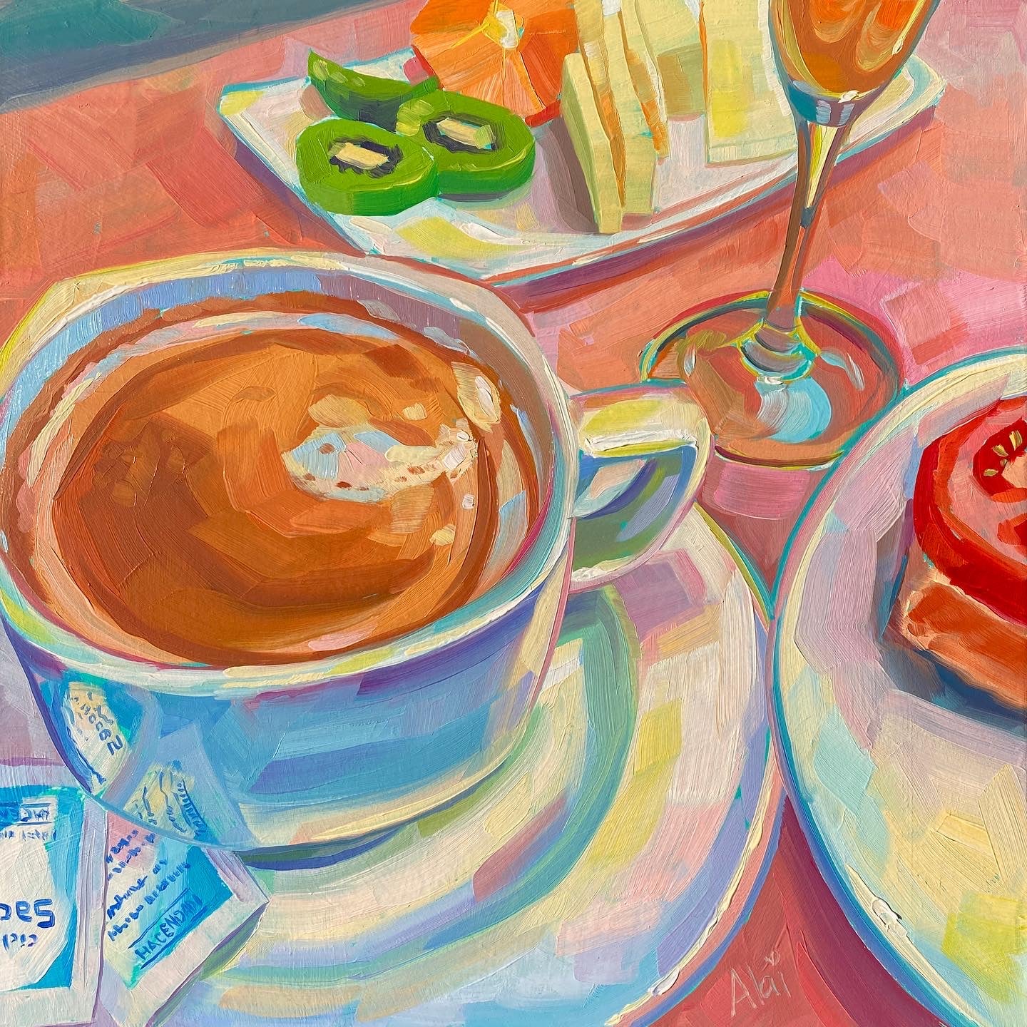 Original oil painting by Alai Ganuza titled "Coffee breakfast". A close-up view of a large blue and white coffee cup, a glass of orange juice, sliced green kiwis, and a tomato toast on a warm pink and orange tabletop.