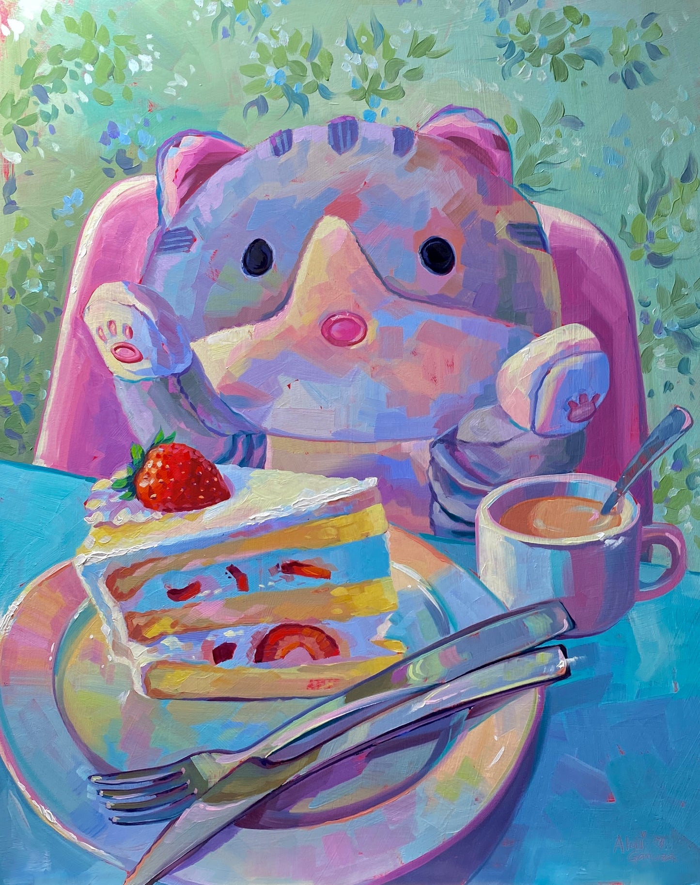 Kitty peluche teniendo una fiesta de té Pintura al óleo