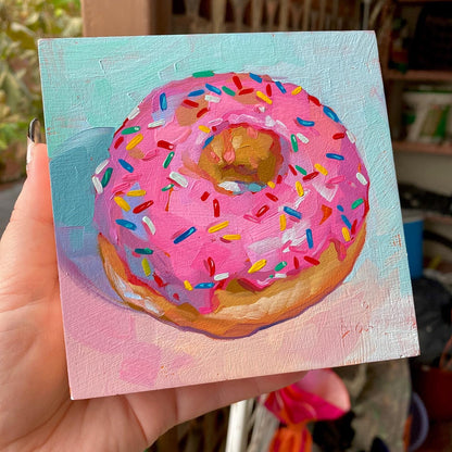 Rainbow Sprinkle Donut - Original Oil Painting - Pink Dessert Art - 5 inches
