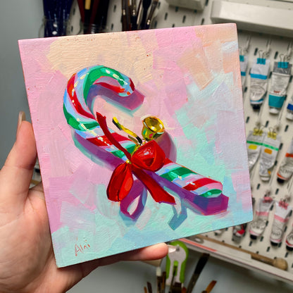 Candy Cane - Original Oil Painting - Holiday Wall Art - 6 inches