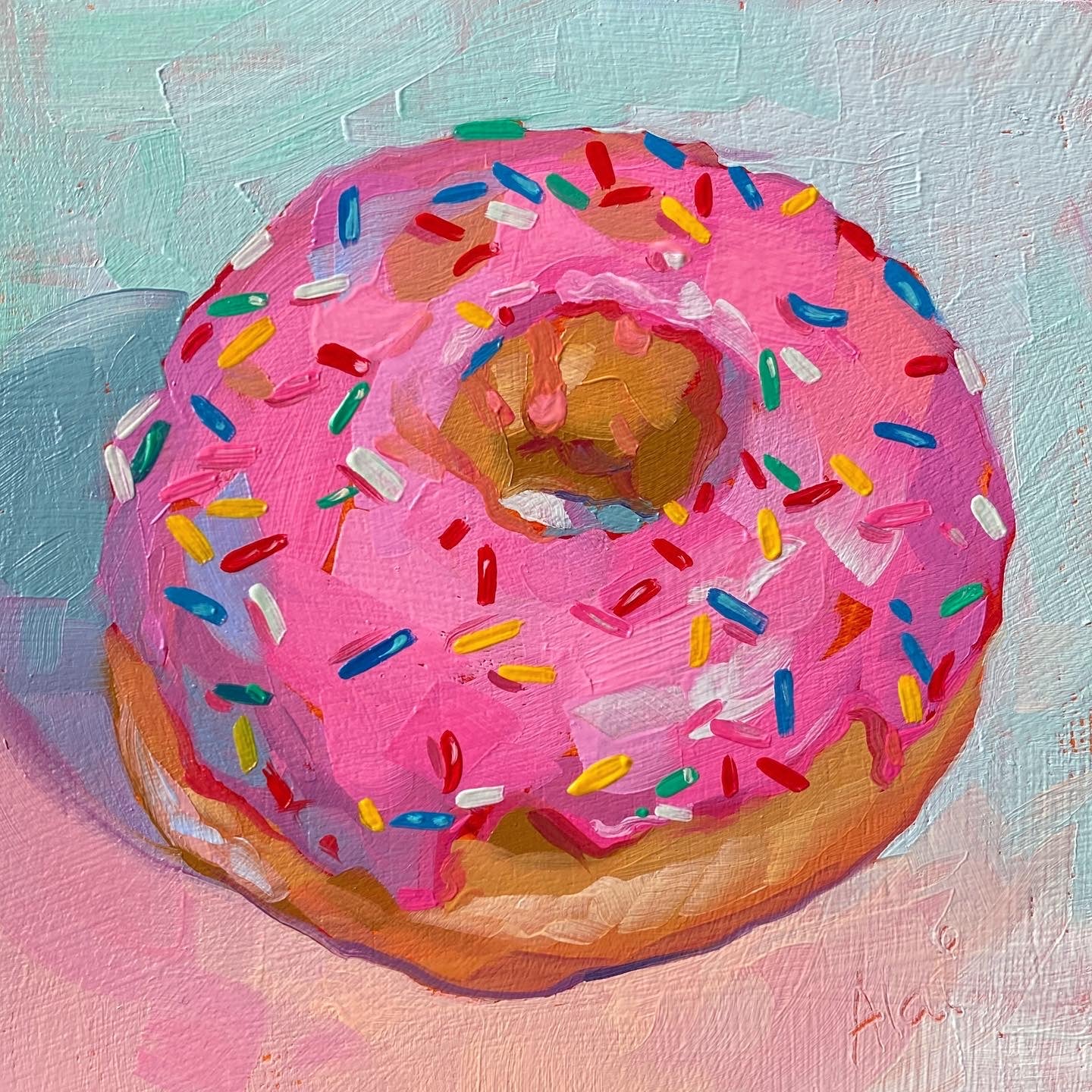 Original oil painting by Alai Ganuza titled "Rainbow Sprinkle Donut". A golden donut with bright bubblegum pink frosting and multicolored sprinkles, painted on a pastel pink and blue background.