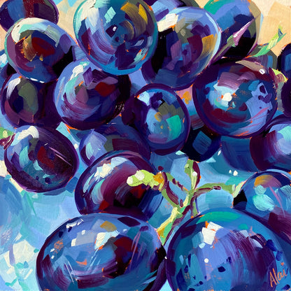 Original oil painting by Alai Ganuza titled "Grapes". A close-up view of a cluster of deep purple and blue grapes with bright teal highlights and green stems, painted on a square wood panel.