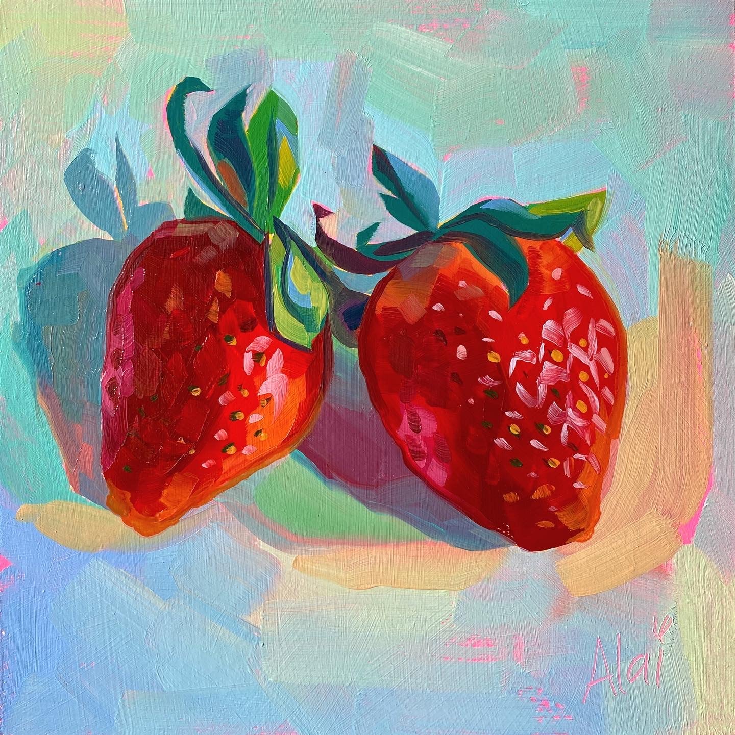 Original oil painting by Alai Ganuza titled "Strawberry Pair". Two ripe red strawberries with vibrant green leafy tops, rendered in thick impasto against a textured light blue and pink background with deep purple shadows.