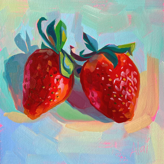 Original oil painting by Alai Ganuza titled "Strawberry Pair". Two ripe red strawberries with vibrant green leafy tops, rendered in thick impasto against a textured light blue and pink background with deep purple shadows.