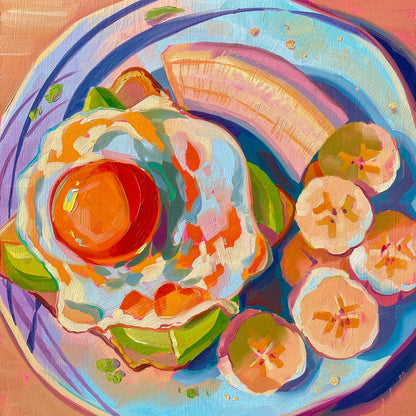 Original oil painting by Alai Ganuza titled "Avocado-egg toast". A fried egg with a bright orange yolk on avocado toast served on a blue plate with banana slices, featuring thick impasto brushwork and vibrant colors.