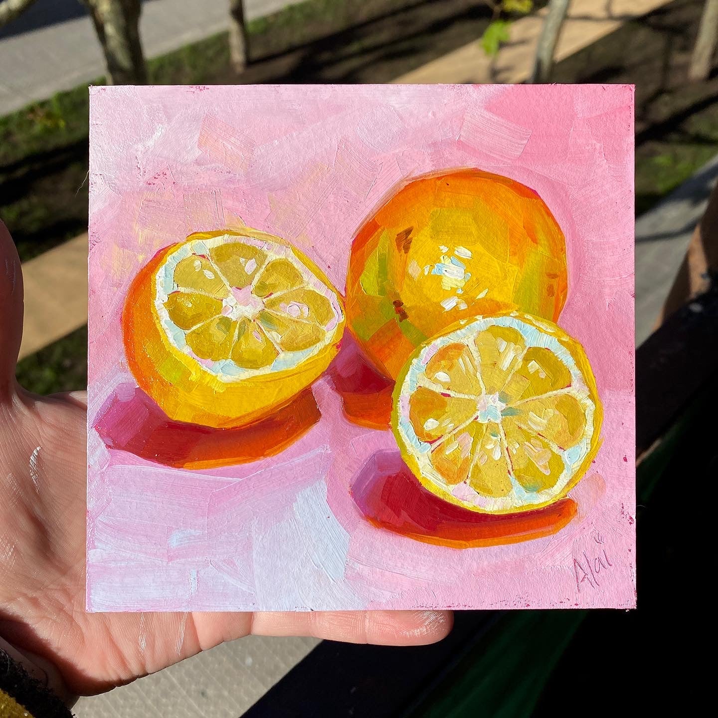 Limones en pintura al óleo rosa