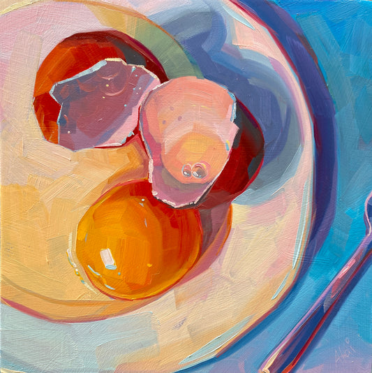 Original oil painting by Alai Ganuza titled "Broken egg". A close-up of a cracked egg on a plate with two pinkish shell halves and a bright orange-yellow yolk, rendered in thick impasto with vibrant pink, lavender, and blue tones.