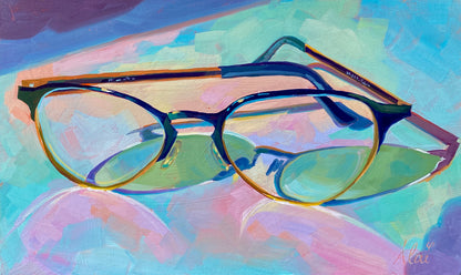 Original oil painting by Alai Ganuza titled "Glasses III". A pair of dark-framed glasses with gold arms resting on a vibrant pastel pink, lavender, and teal background, featuring thick impasto brushwork and colorful reflections in the lenses.