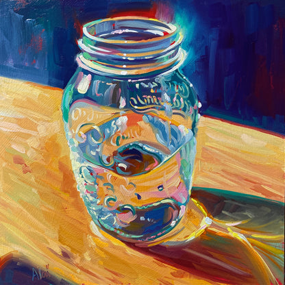 Original oil painting by Alai Ganuza titled "Water Mason Jar". A clear glass mason jar half-filled with water sitting on a warm yellow wooden table against a dark blue background, featuring realistic reflections and embossed lettering.