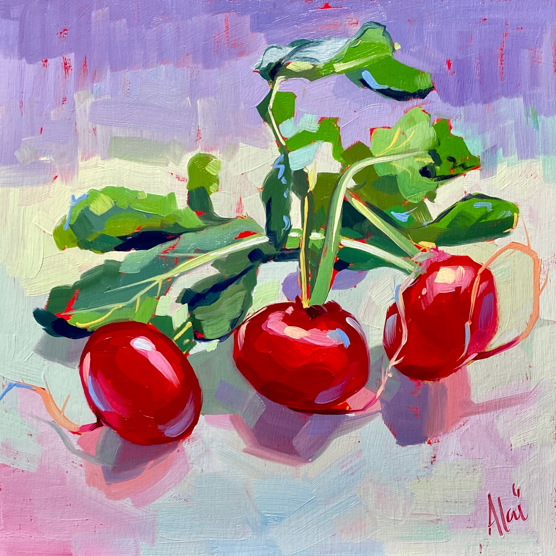 Original oil painting by Alai Ganuza titled "Radishes". Three bright red radishes with fresh green leafy stems resting on a light lavender surface against a soft purple background on a square wood panel.