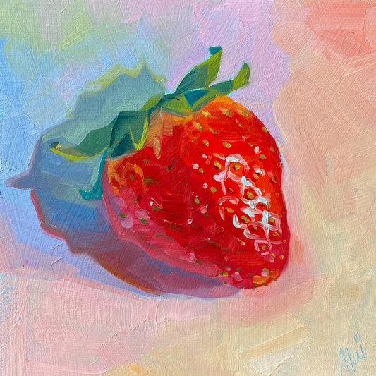 Original oil painting by Alai Ganuza titled "Strawberry". A single ripe red strawberry with a green leafy top, featuring thick impasto brushwork and a cool sky blue underpainting visible beneath a pastel pink and lavender background.