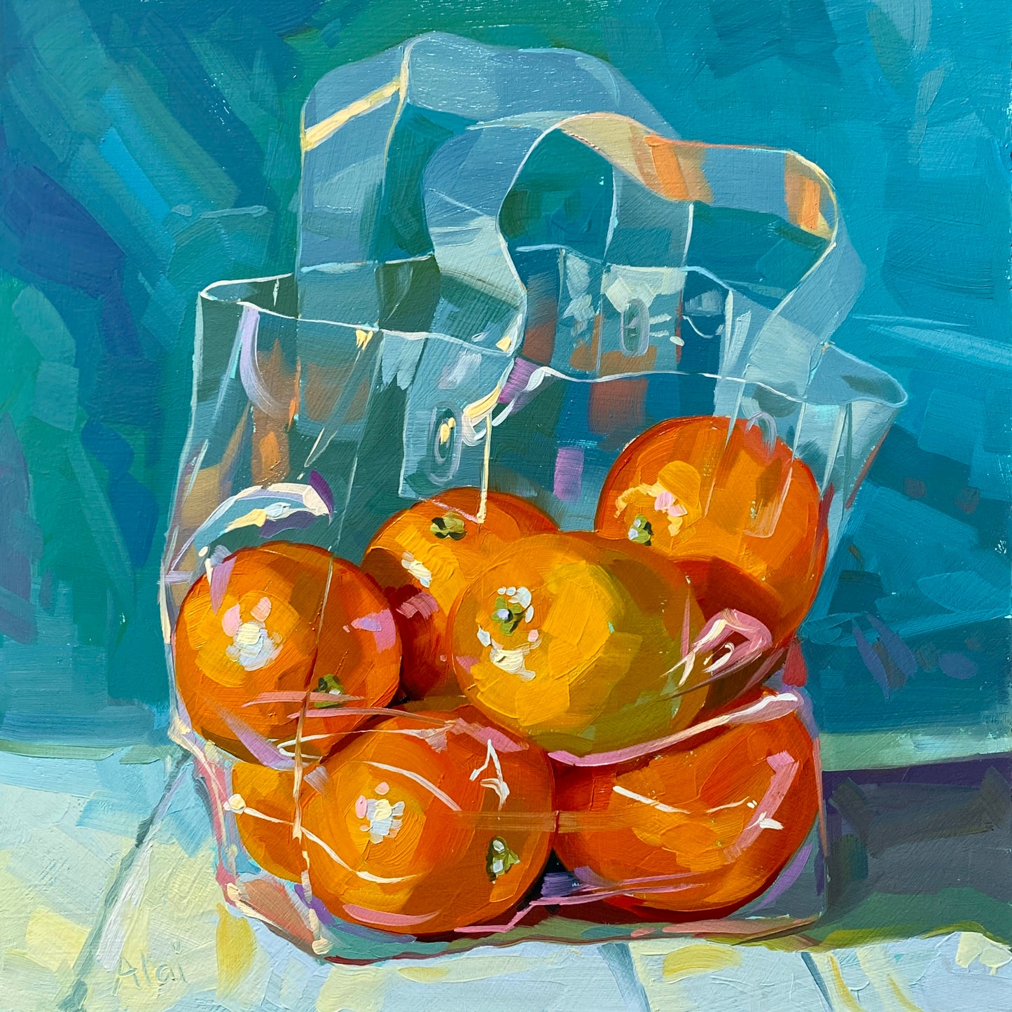 Original oil painting by Alai Ganuza titled "Oranges in a Bag". A clear plastic mini-tote bag filled with bright orange mandarins sitting on a light surface against a vibrant teal background. Reference by Bryan Mark Taylor.