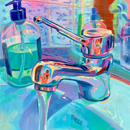 Original oil painting by Alai Ganuza titled "Bath sink III". A close-up of a reflective metal faucet over a light blue sink with a soap dispenser, featuring thick impasto and vibrant teal, purple, and orange reflections.