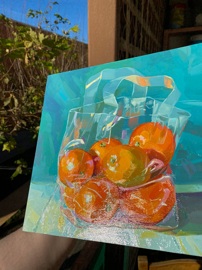 Oranges in a Bag - Original Oil Painting - Citrus Fruit Art - 10 inches