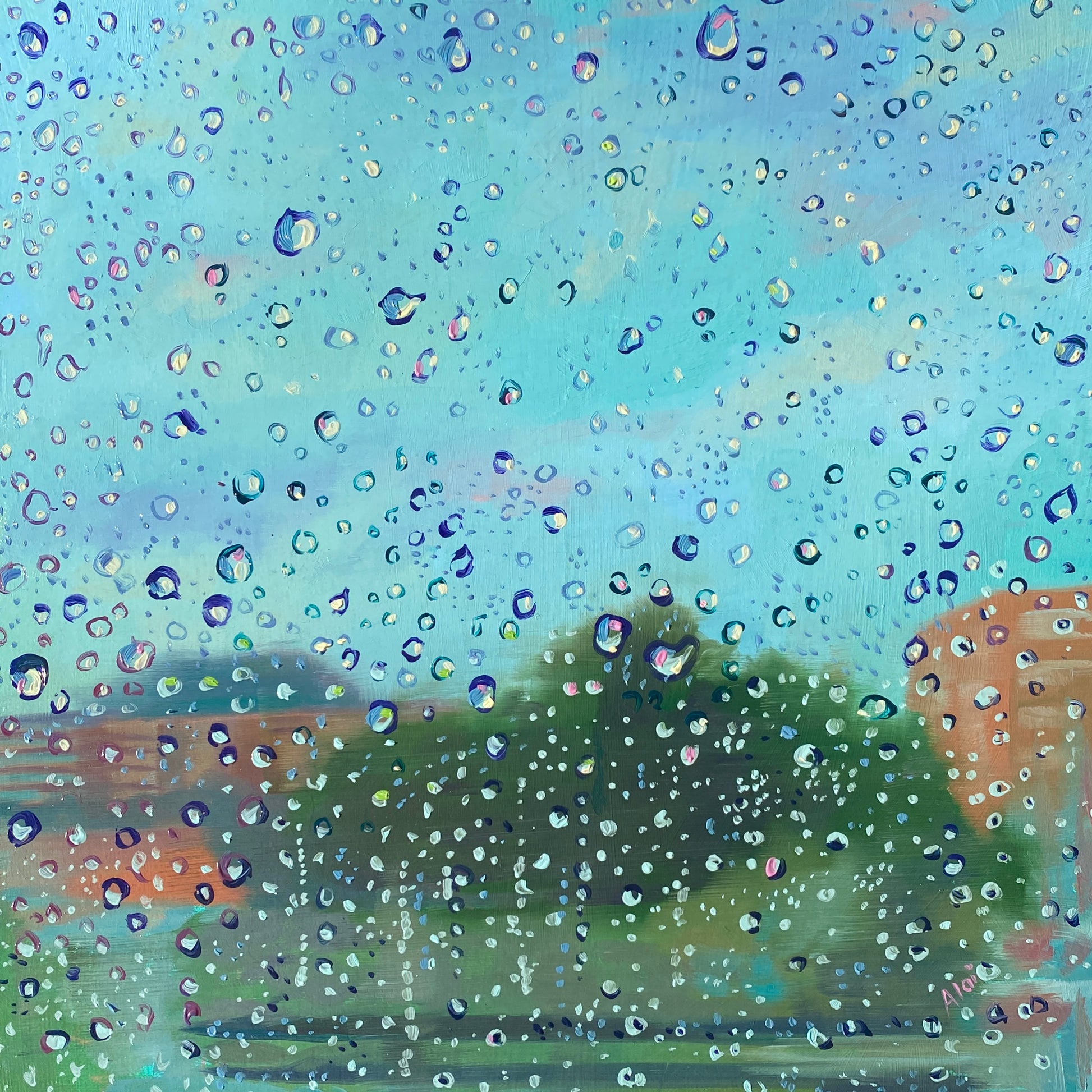 Original oil painting by Alai Ganuza titled "Rainy day". A view through a windowpane covered in raindrops, with a blurred background of green trees and buildings under a teal sky, rendered in thick impasto.