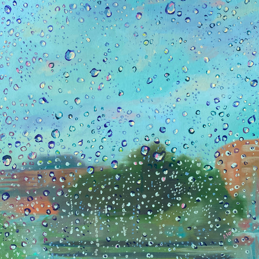 Original oil painting by Alai Ganuza titled "Rainy day". A view through a windowpane covered in raindrops, with a blurred background of green trees and buildings under a teal sky, rendered in thick impasto.