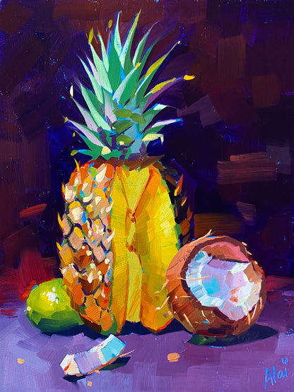 Original oil painting by Alai Ganuza titled "Tropical Study". A still life featuring a vibrant yellow pineapple, a cracked coconut showing white meat, and a green lime resting on a purple surface against a dark background. Reference by Chris Fornataro.