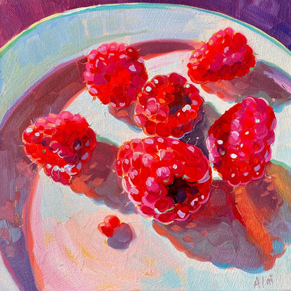Original oil painting by Alai Ganuza titled "Berries on gold". Six plump, bright red raspberries resting on a light blue plate, casting deep purple shadows, with shimmering gold underpainting peeking through expressive brushstrokes.