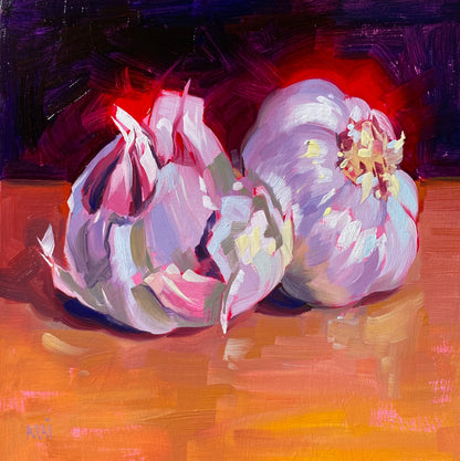 Original oil painting by Alai Ganuza titled "Garlics". Two garlic bulbs rendered in vibrant purples, pinks, and whites resting on a warm orange wooden surface against a dark background on a square wood panel.