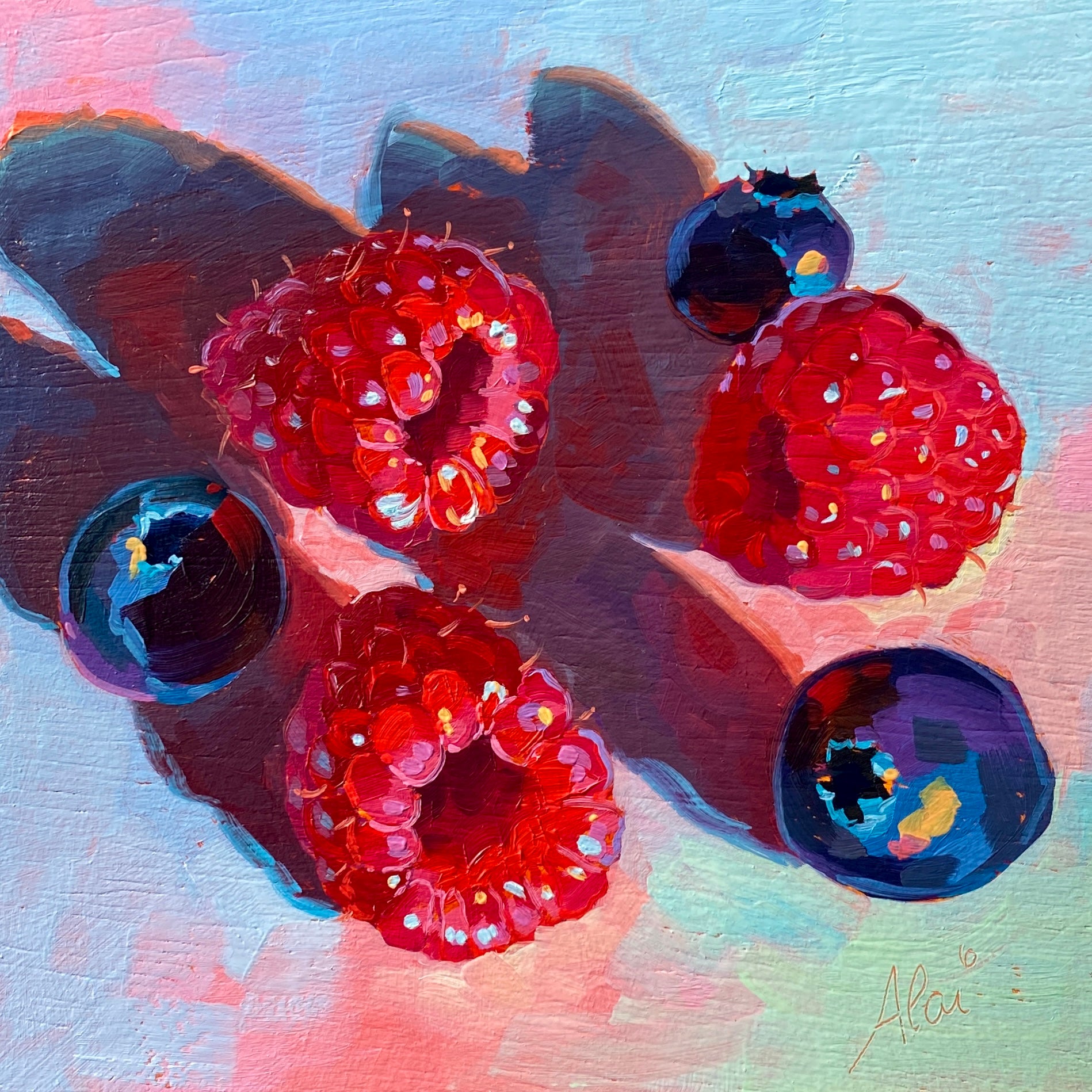 Original oil painting by Alai Ganuza titled "Raspberries and blueberries". Three vibrant red raspberries and three dark blue blueberries casting deep, saturated purple shadows on a textured, light-colored background.