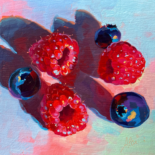 Original oil painting by Alai Ganuza titled "Raspberries and blueberries". Three vibrant red raspberries and three dark blue blueberries casting deep, saturated purple shadows on a textured, light-colored background.