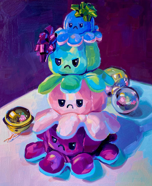 Original oil painting by Alai Ganuza titled "Tower of grumpy octopus". A stack of four colorful reversible octopus plushies with grumpy faces (blue, teal, pink, and purple) rendered in thick impasto against a deep magenta background.