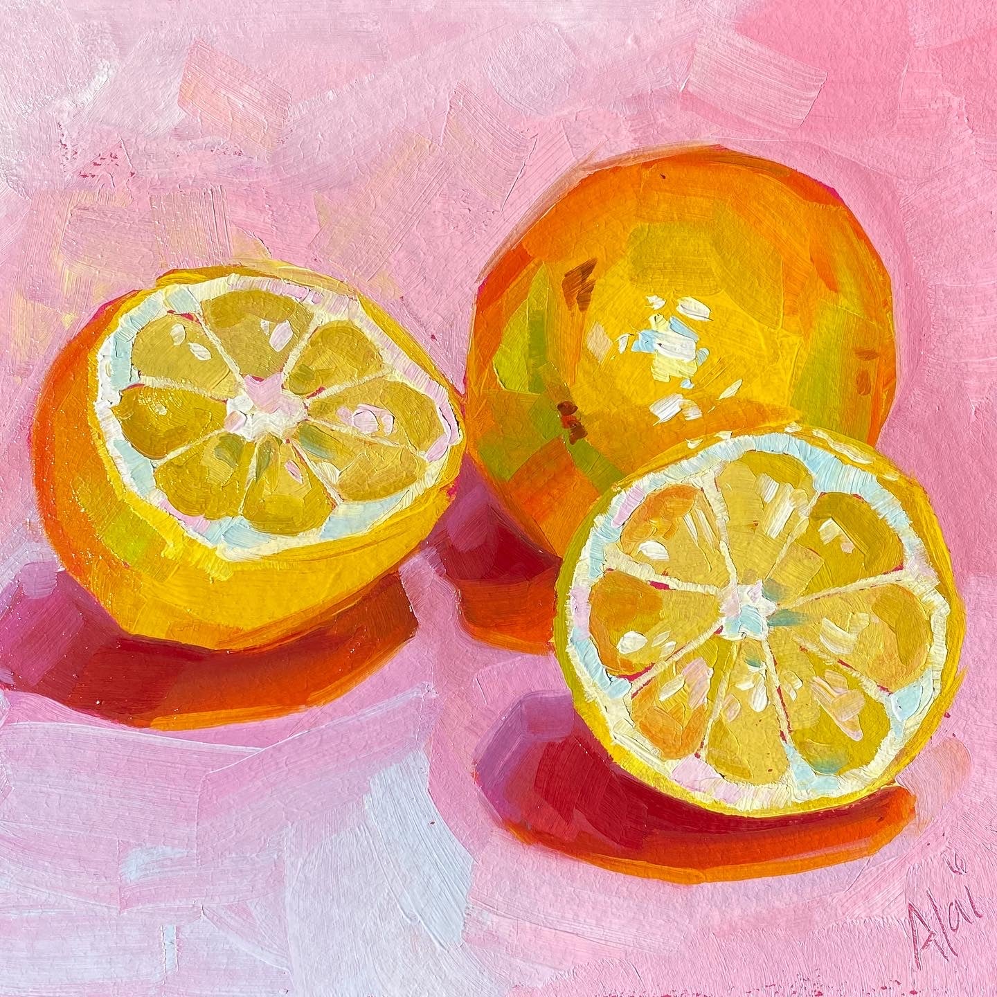Original oil painting by Alai Ganuza titled "Lemons in pink". A whole lemon and two halves rendered in thick impasto with vibrant yellow and white highlights against a textured bubblegum pink background with saturated orange shadows.