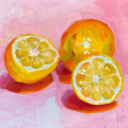 Original oil painting by Alai Ganuza titled "Lemons in pink". A whole lemon and two halves rendered in thick impasto with vibrant yellow and white highlights against a textured bubblegum pink background with saturated orange shadows.