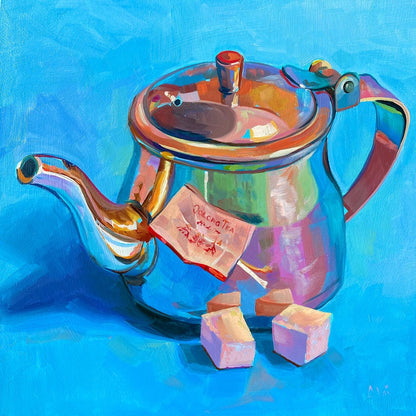 Original oil painting by Alai Ganuza titled "Oolong Tea". A shiny, reflective metal teapot with an Oolong tea bag tag and two sugar cubes in the foreground, rendered in thick impasto with vibrant blue, magenta, and gold reflections against a bright blue background.