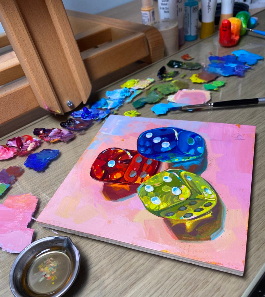 Dice III - Original Oil Painting - Colorful Game Art - 6 inches