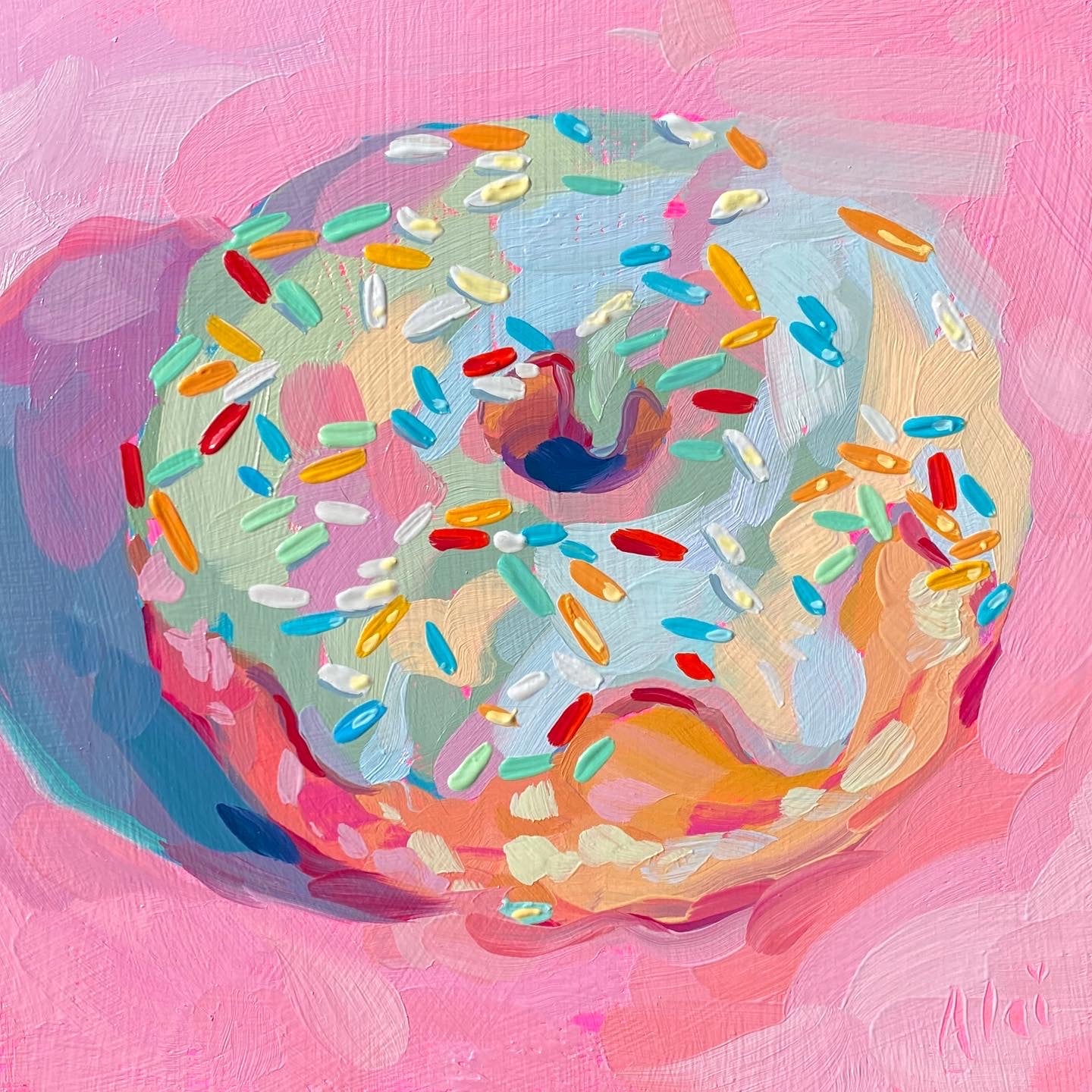 Original oil painting by Alai Ganuza titled "White Glazing Donut". A donut with creamy white frosting covered in multicolored sprinkles, painted on a vibrant pink background on a birch wood block.