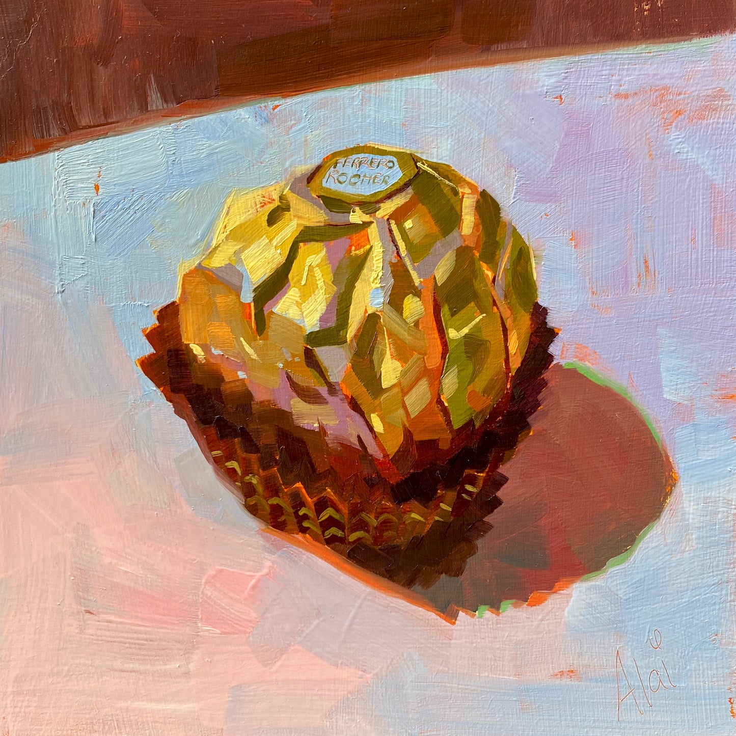 Original oil painting by Alai Ganuza titled "Ferrero". A single Ferrero Rocher chocolate in its crinkled gold foil wrapper and brown paper cup, featuring thick impasto brushwork against a pastel lavender and blue background.