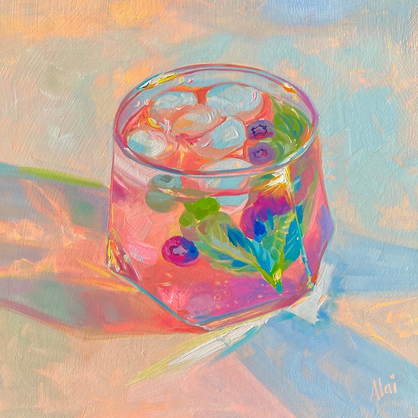Original oil painting by Alai Ganuza titled "Iridescent glass of tea". A glass of pink tea with ice, blueberries, and mint leaves, featuring thick impasto brushwork and colorful, elongated shadows on a sun-drenched peach background.