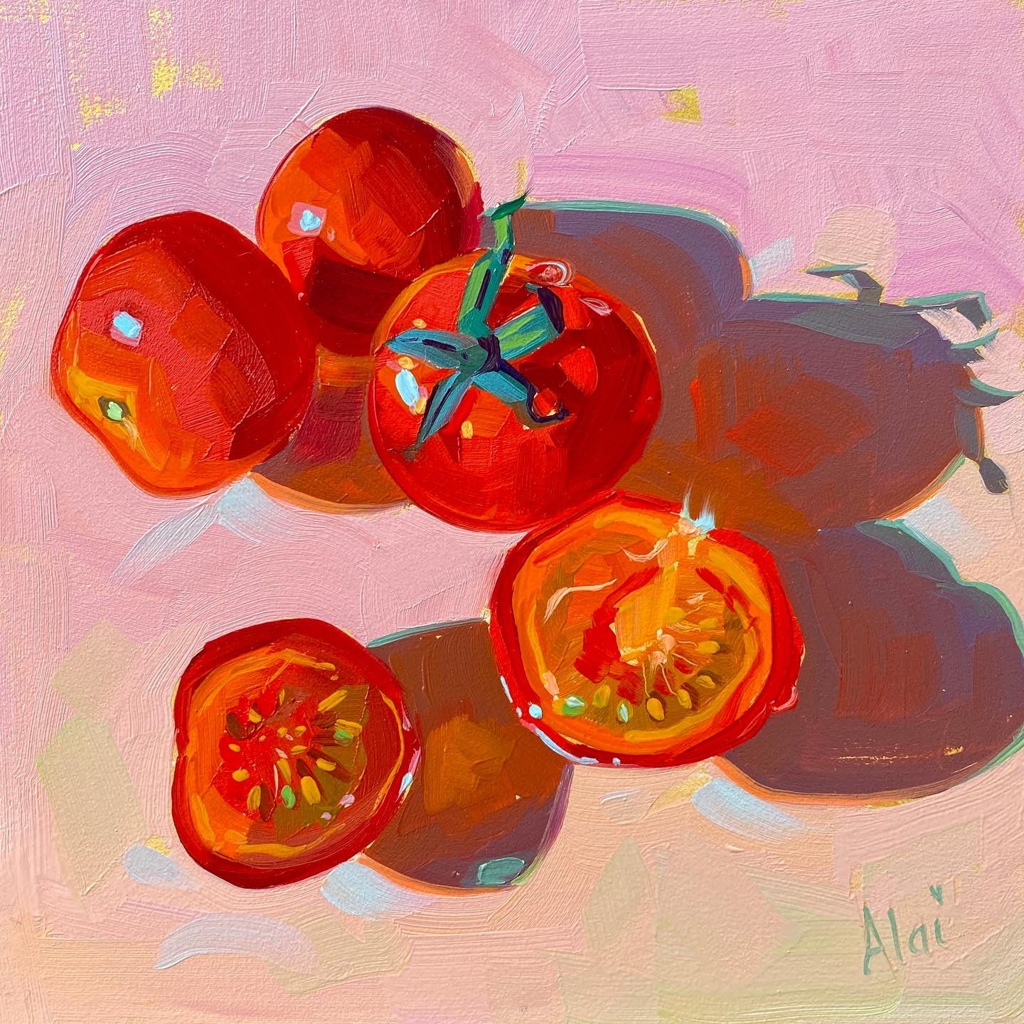 Original oil painting by Alai Ganuza titled "Cherry tomatos in gold". Bright red whole and halved cherry tomatoes resting on a textured pastel pink surface with subtle gold flecks, casting deep shadows.