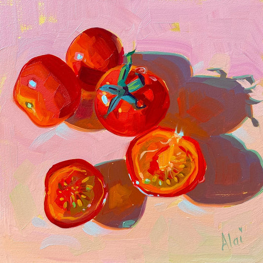 Original oil painting by Alai Ganuza titled "Cherry tomatos in gold". Bright red whole and halved cherry tomatoes resting on a textured pastel pink surface with subtle gold flecks, casting deep shadows.
