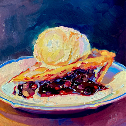 Original oil painting by Alai Ganuza titled "Blueberry Pie". A slice of fruit pie with a large scoop of vanilla ice cream on a blue-rimmed plate, rendered in thick impasto with deep purple and golden-brown tones.