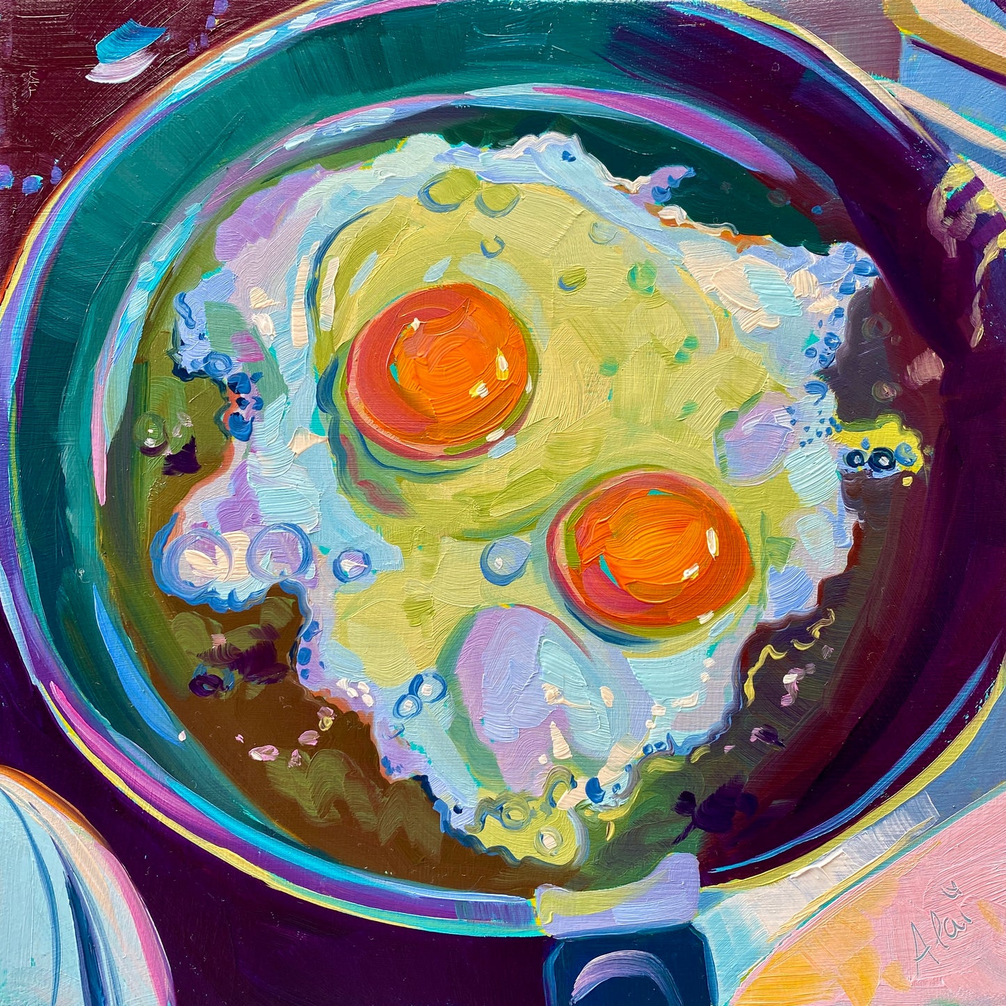 Original oil painting by Alai Ganuza titled "Frying Eggs III". Two fried eggs with vibrant orange yolks in a teal pan, rendered in thick impasto with prismatic blue and purple highlights.