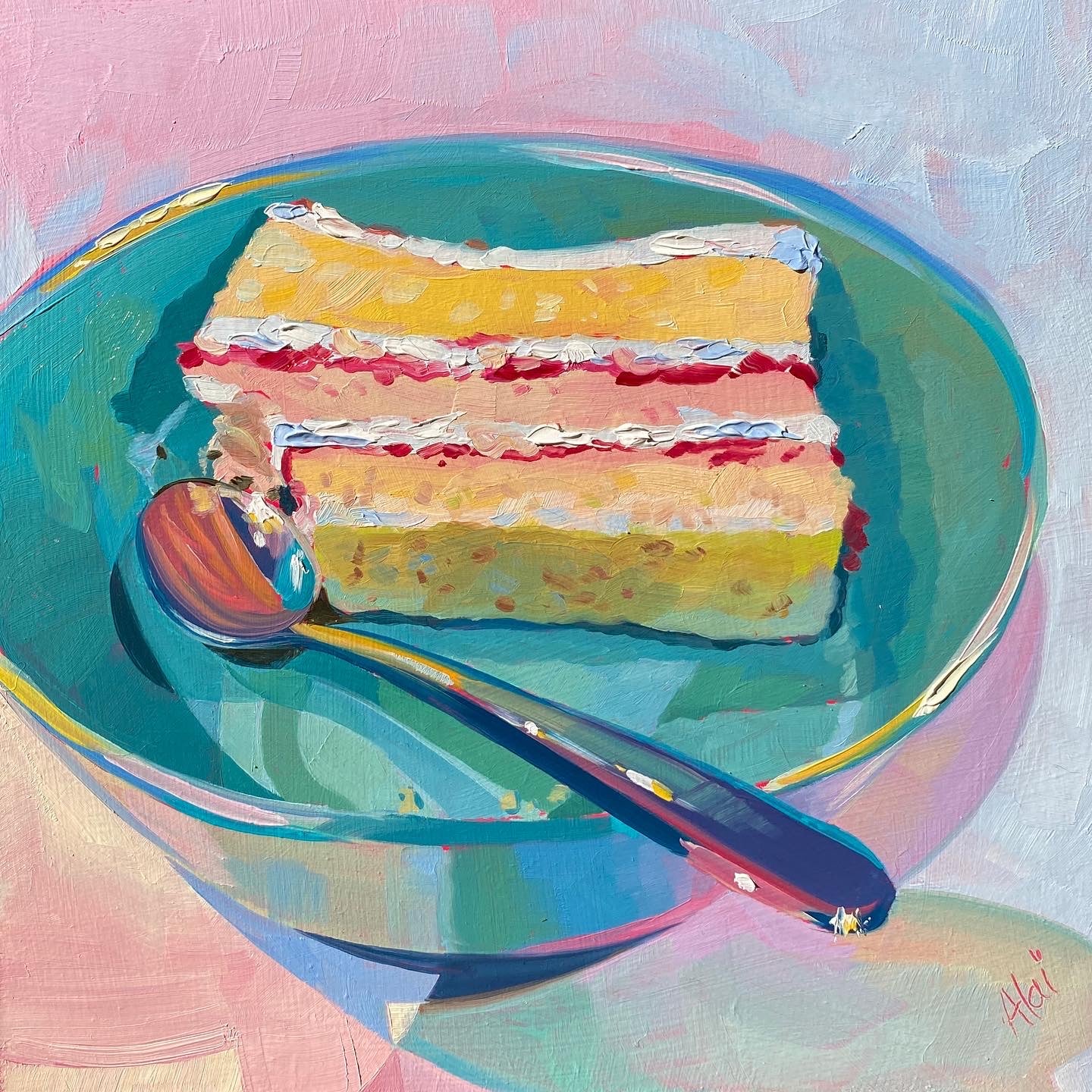 Original oil painting by Alai Ganuza titled "Cake with spoon". A slice of yellow layered cake with pink cream on a bright teal plate with a metallic spoon, featuring thick impasto brushwork and a pink underpainting.