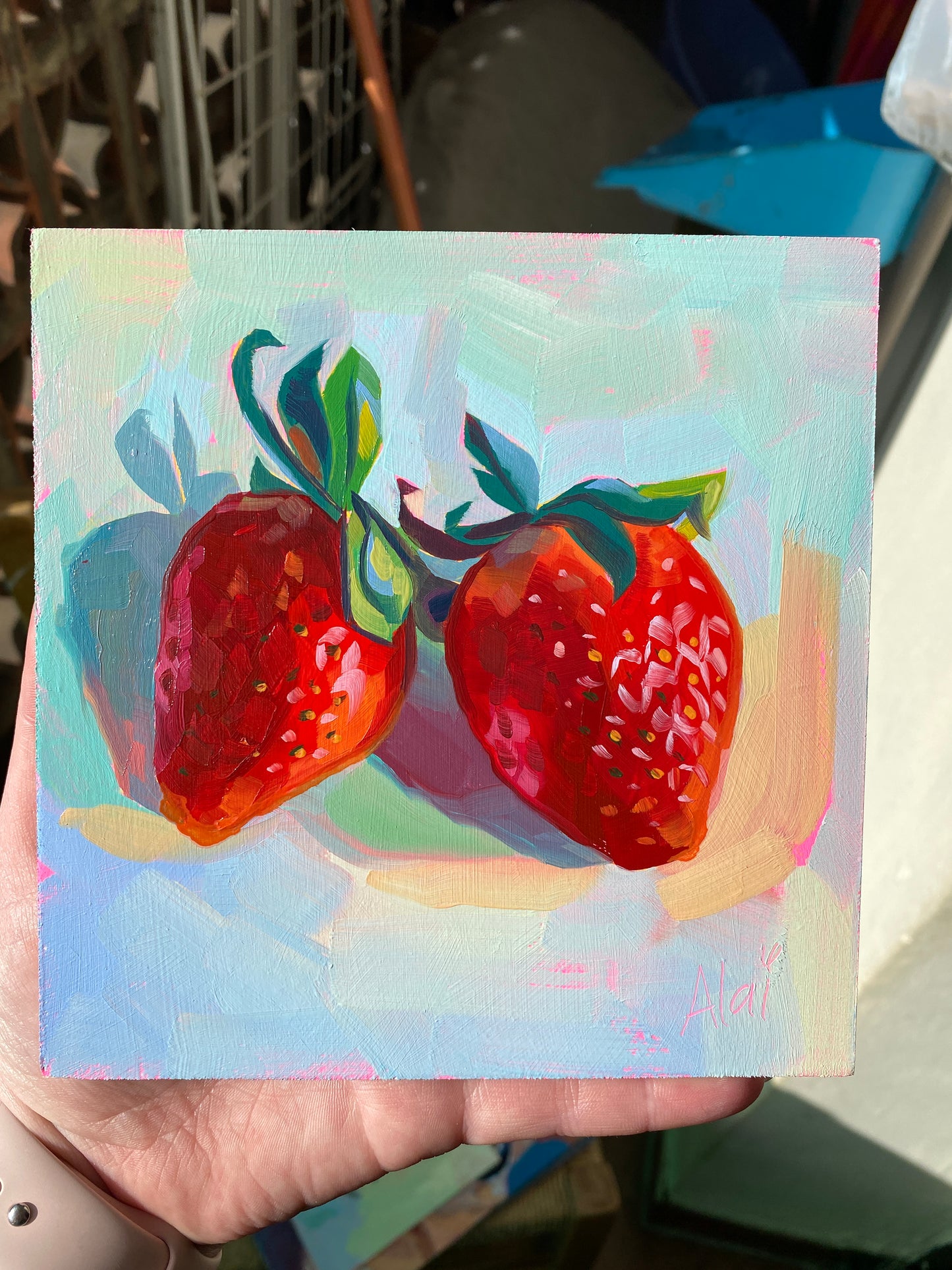 Pintura al óleo de pareja de fresas