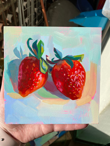 Pintura al óleo de pareja de fresas