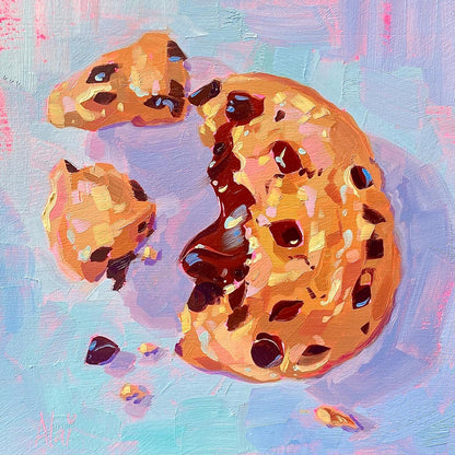 Original oil painting by Alai Ganuza titled "Cookie". A golden-brown chocolate chip cookie with a gooey melted chocolate center, with one large piece broken off to the side, set against a textured light blue and lavender background.