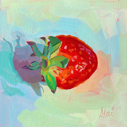 Original oil painting by Alai Ganuza titled "Strawberry Single". A ripe red strawberry with a vibrant green leafy top, rendered in thick impasto against a light blue and mint green background with a deep purple shadow.