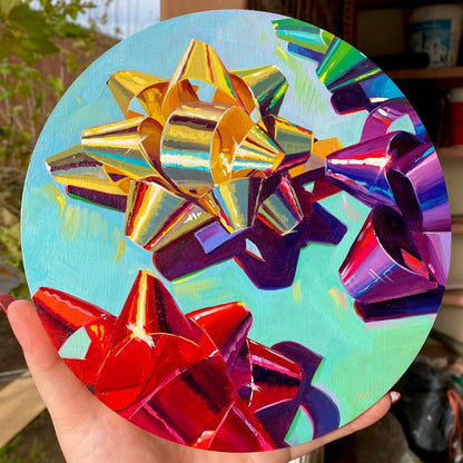 Round Bows - Original Oil Painting - Metallic Gift Art - 8 inches