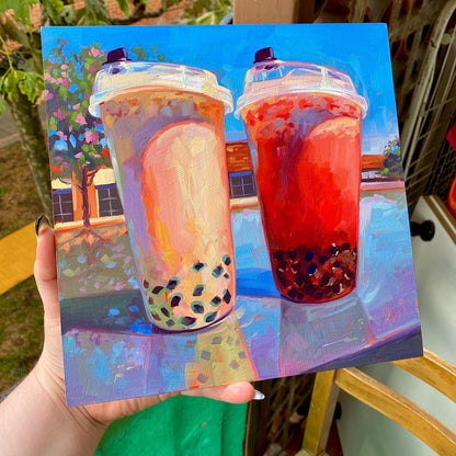 Two Boba Tea Cups - Original Oil Painting - Bubble Tea Art - 9 inches