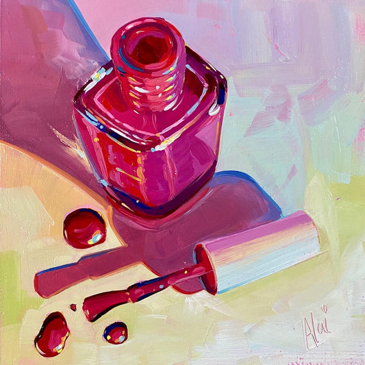 Original oil painting by Alai Ganuza titled "Nail polish". An open bottle of vibrant magenta nail polish with spilled droplets and a brush, featuring thick impasto brushwork against a pastel lavender and yellow background.