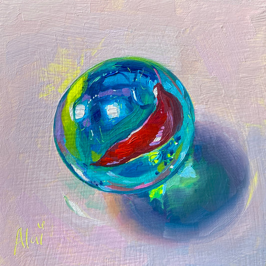 Original 4-inch oil painting by Alai Ganuza titled "Sea water marble". A transparent blue glass marble with a deep red swoosh and neon green details, casting a soft teal shadow on a pastel lilac background.