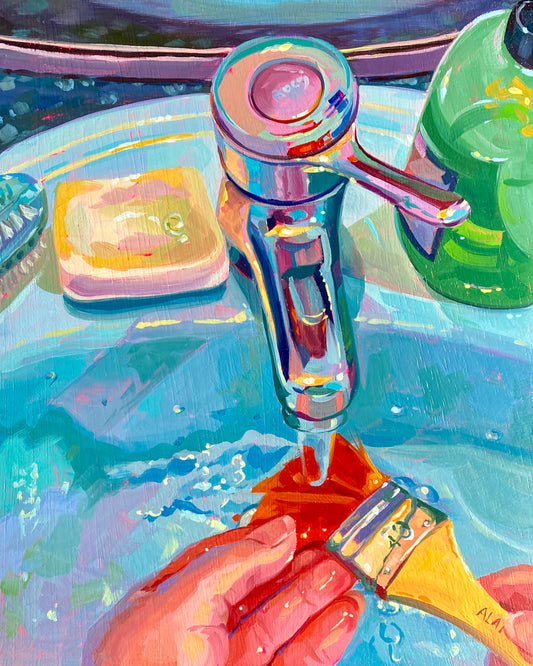 Original oil painting by Alai Ganuza titled "Cleaning brushes II". A close-up view of a hand cleaning a paint-stained brush under a chrome faucet in a teal sink, featuring vibrant pink, blue, and yellow reflections.