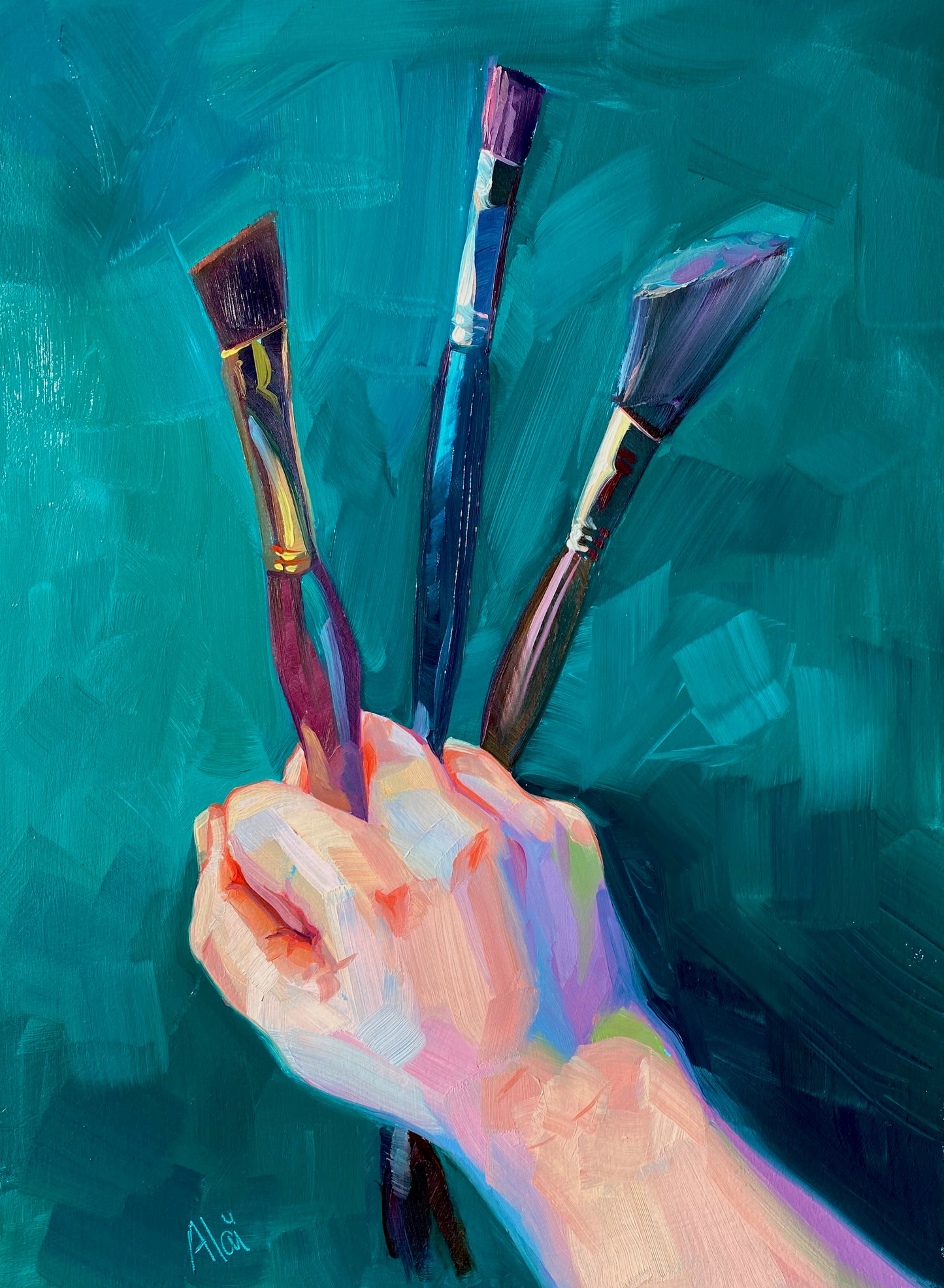 Hand with Brushes - Original Oil Painting - 8x10.6 inches